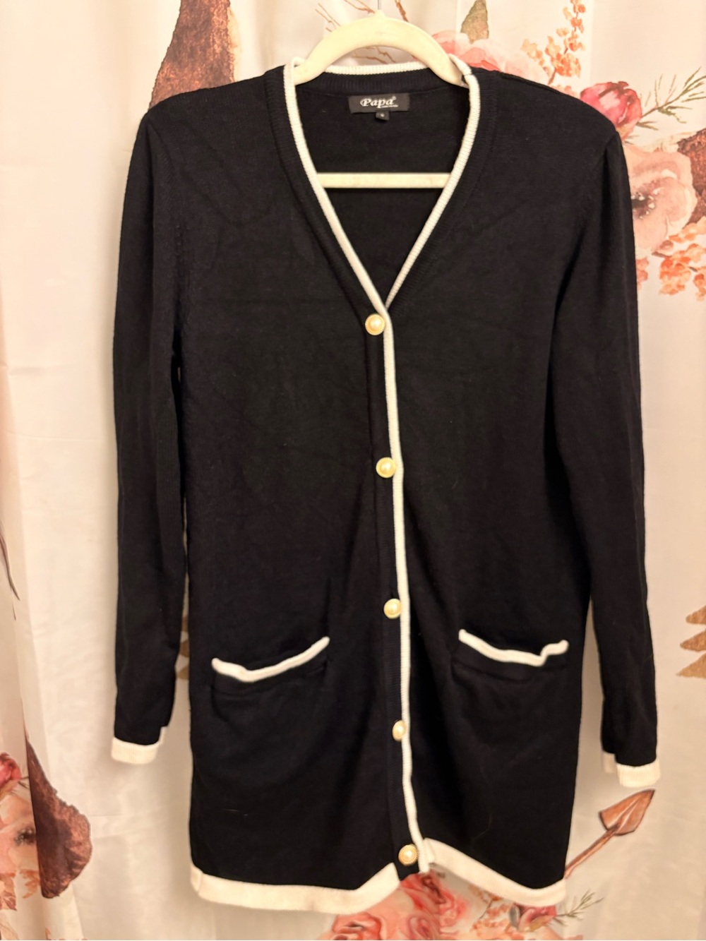 Small Black Longline Button Cardigan with Cream Trim